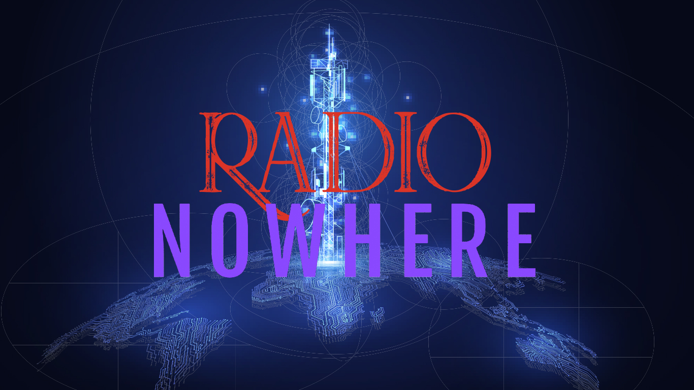 Radio Nowhere logo on background of a radio tower on top of the earth